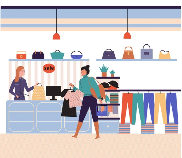 Giysi mağazasındaki kadınlar Kara Cuma günü. Mevsimlik indirimler, indirimli kıyafetler. Dükkanda kapanış