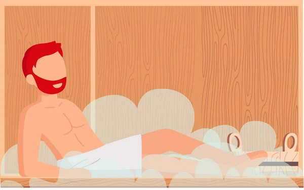 Muž v bílém ručníku odpočívá na dřevěné lavičce v horké sauně. Relaxační a wellness v lázeňském centru — Stockový vektor