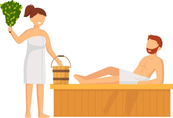 Cartoon people characters taking steam bath together. Relax, health, bathhouse, wellness procedure — Vetor de Stock