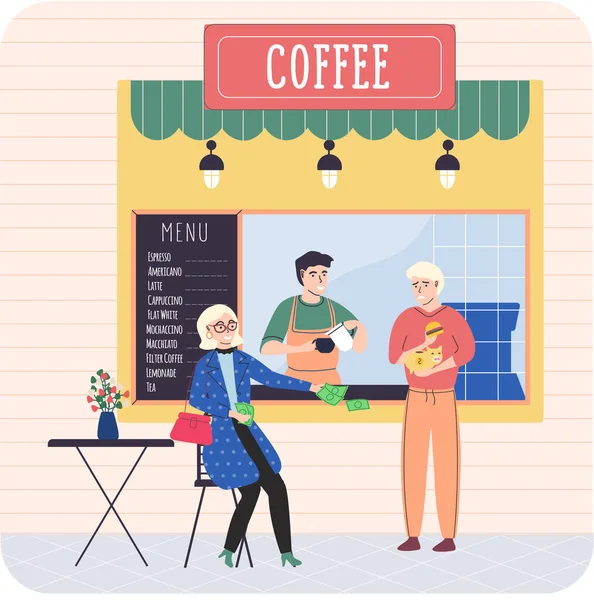 Café, Straßencafé mit Speisekarte, Markise. Gemütliche Terrasse, Familienbetrieb netter Kaffeemarkt — Stockvektor