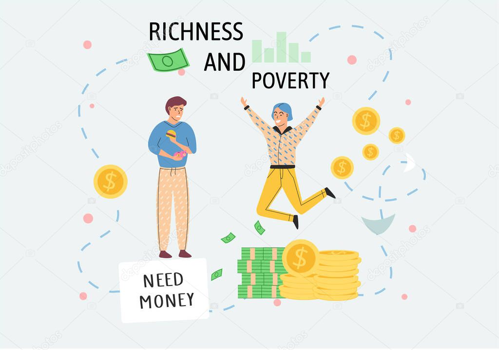 Richness and poverty concept. Happy rich man rejoices in prosperity and sad poor guy need money
