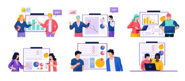 People discussing pie chart on poster. Set of illustrations about bankruptcy, economic crisis