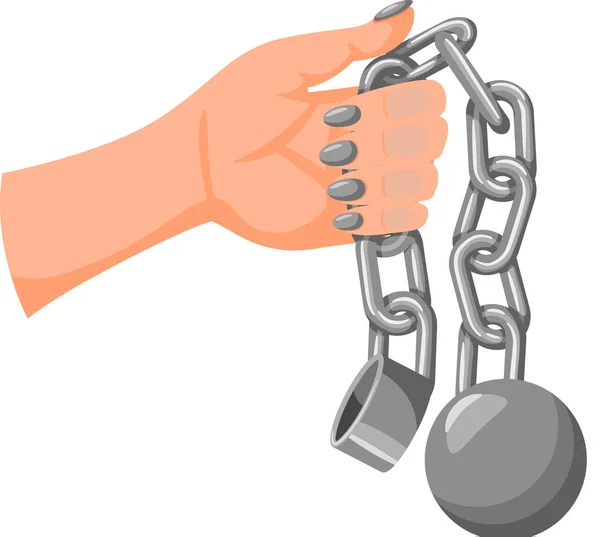 Human hand holding iron chain with ball. Breaking chain protest, rebel flat vector. Freedom concept — Stok Vektör