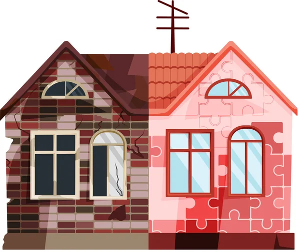 Renovación del hogar, antigua casa antes y después de la reparación. Casa de campo suburbana nueva y antigua. Edificio de remodelación — Vector de stock
