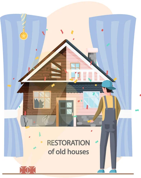 家庭住房修缮服务。创新概念之前及之后，旧楼的修复 — 图库矢量图片