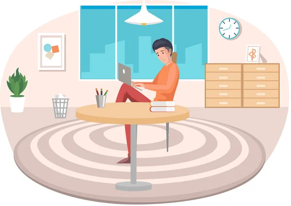 Man, working person sitting at table in room and correspondence surfing Internet — Stock Vector