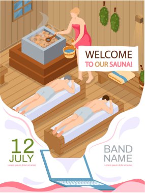 Sauna reklam posterimize hoş geldiniz. Kadınlar saunadaki kovadan sıcak taşları ocağa döker.