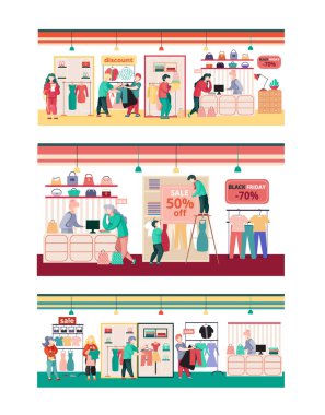 Giysi mağazasındaki kadınlar Kara Cuma günü. Mevsimlik indirimler, indirimli kıyafetler. Dükkanda kapanış