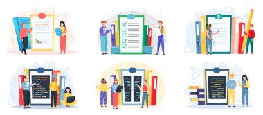 Business people giving presentation on board with information to colleague, meeting scenes set