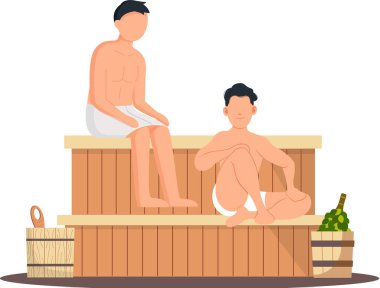 Sıcak buhar saunasındaki ahşap bankta dinlenen beyaz havlu giymiş bir adam. Spa merkezinde rahatlama ve sağIık