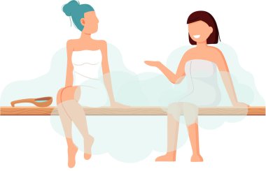 Sauna ve buhar odası. Saunada bir grup insan. İnsanlar banya 'da huş süpürgeleriyle rahatlar ve buharlaşır.