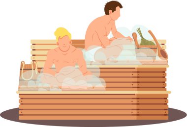 Sauna ve buhar odası. Saunada bir grup insan. İnsanlar banya 'da huş süpürgeleriyle rahatlar ve buharlaşır.