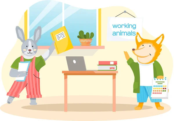Pracovní zvířata roztomilé kreslené postava pracuje doma s notebookem, vykonává práci a úkoly — Stockový vektor