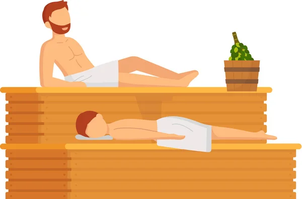 Man in white towel rest on wooden bench at hot steam sauna. Relaxing and wellness in spa center — Wektor stockowy