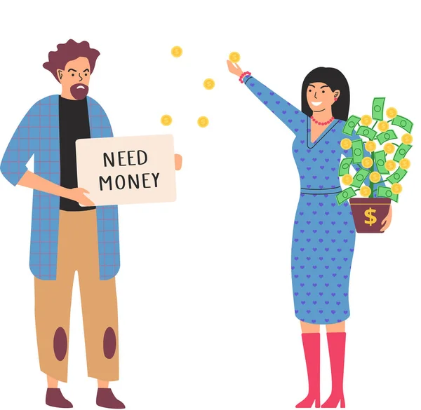 Richness and poverty concept. Rich happy woman scatter bills, poor man holding sign need money — Vector de stock
