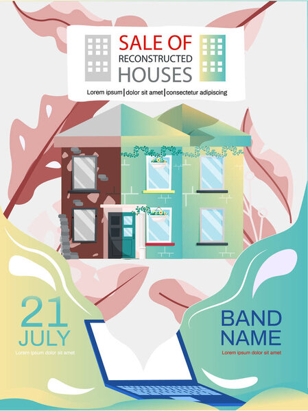 Инфографическая концепция креативной мобильной продажи недвижимости. Продажа баннера реконструированных домов