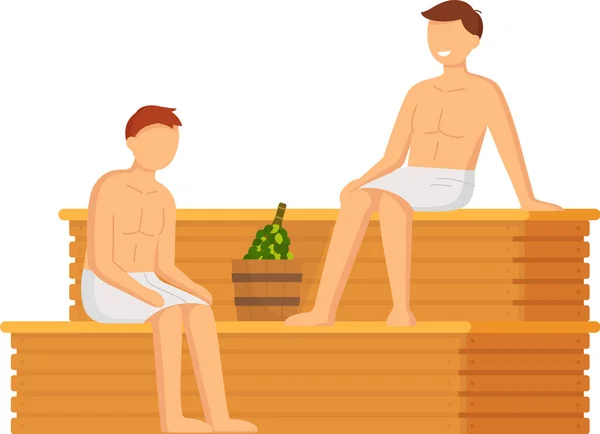 Man in white towel rest on wooden bench at hot steam sauna. Relaxing and wellness in spa center — Wektor stockowy