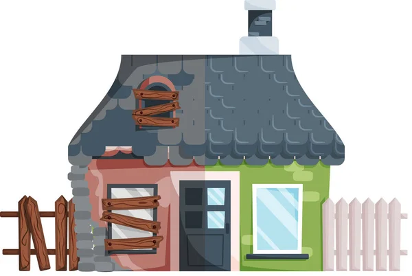 Hausrenovierung, altes Haus vor und nach der Reparatur. Neues und altes Vorstadthäuschen. Umbaumaßnahmen — Stockvektor