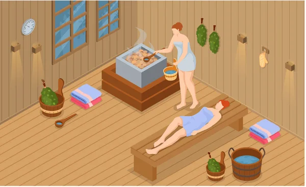 Persone fumanti nel concetto di sauna. Donne che indossano un asciugamano seduto su una panca di legno nella sauna finlandese — Vettoriale Stock