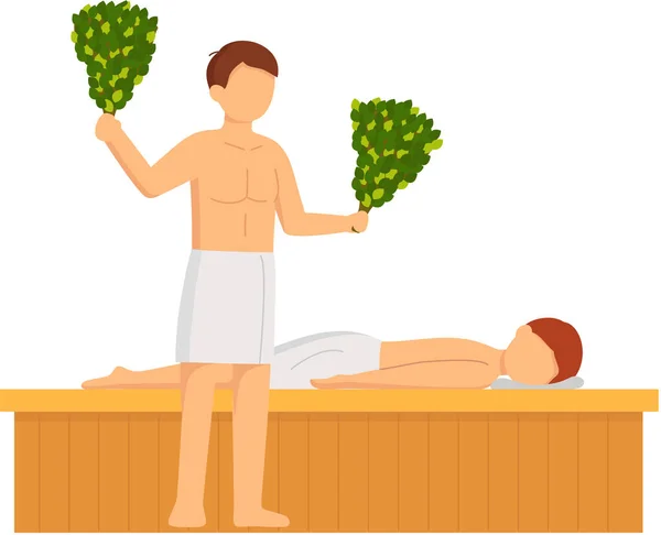Mężczyzna w białym ręczniku spoczywa na drewnianej ławce w saunie parowej. Relaks i wellness w centrum spa — Wektor stockowy