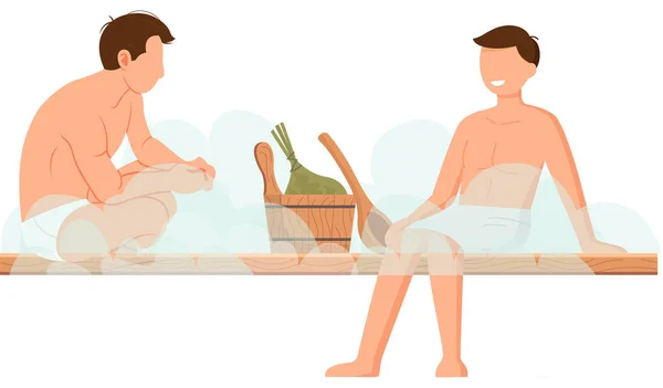 Man in white towel rest on wooden bench at hot steam sauna. Relaxing and wellness in spa center — Vettoriale Stock