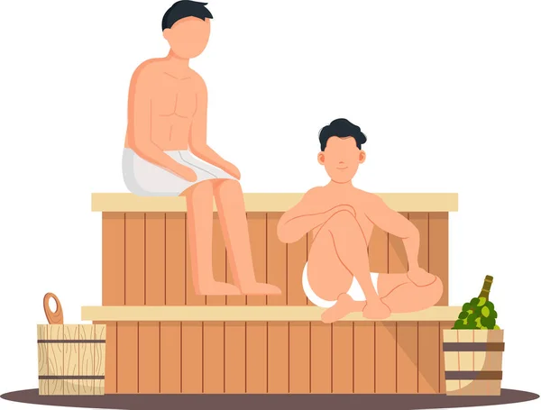 Man in white towel rest on wooden bench at hot steam sauna. Relaxing and wellness in spa center — Vettoriale Stock