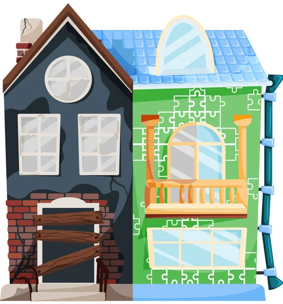 Ανακαίνιση σπιτιού, παλιό σπίτι πριν και μετά την επισκευή. Νέο και παλιό προαστιακό εξοχικό. Αφαίρεση κτιρίου — Διανυσματικό Αρχείο