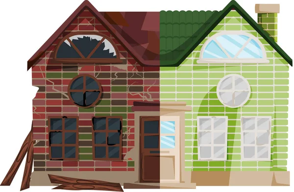 Renovación del hogar, antigua casa antes y después de la reparación. Casa de campo suburbana nueva y antigua. Edificio de remodelación — Archivo Imágenes Vectoriales