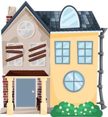 Tadilattan önce ve sonra eski bir ev. Yeni ve eski banliyö kulübesi. Binayı sil