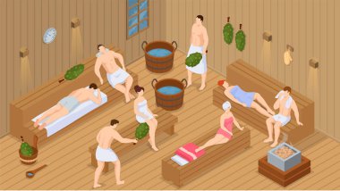 Sauna ve buhar odası. Saunada bir grup insan. İnsanlar banya 'da huş süpürgeleriyle rahatlar ve buharlaşır.