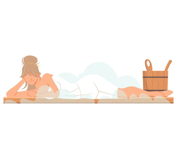 Donna seduta e rilassante in sauna isolata sul bianco. Bathhouse o banya. Procedure benessere spa — Vettoriale Stock