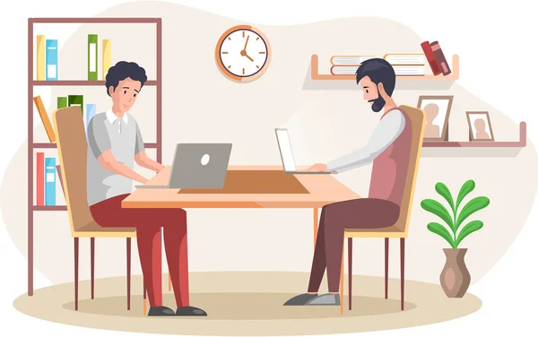 Male working persons sitting with computer at table in room and correspondence surfing Internet — Stock Vector