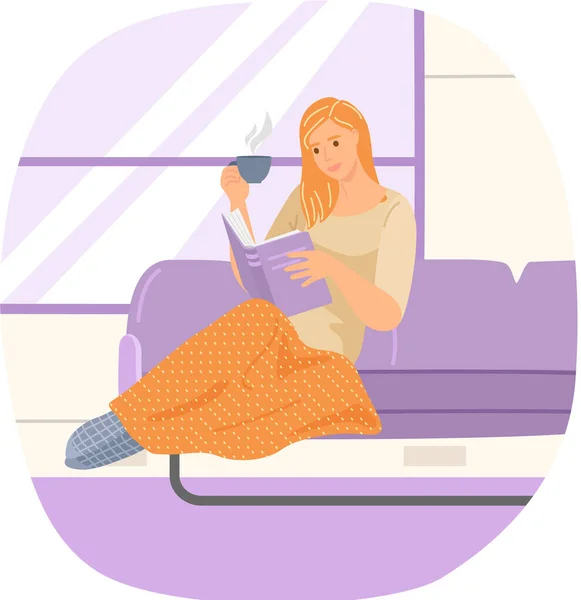 Cute young woman in chair reading book drinking tea. Home and beauty girl literature and information — Stock Vector