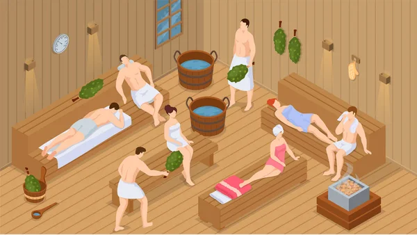 Sauna y sala de vapor. Conjunto de personas en sauna. La gente se relaja y vapor con escobas de abedul en banya — Archivo Imágenes Vectoriales