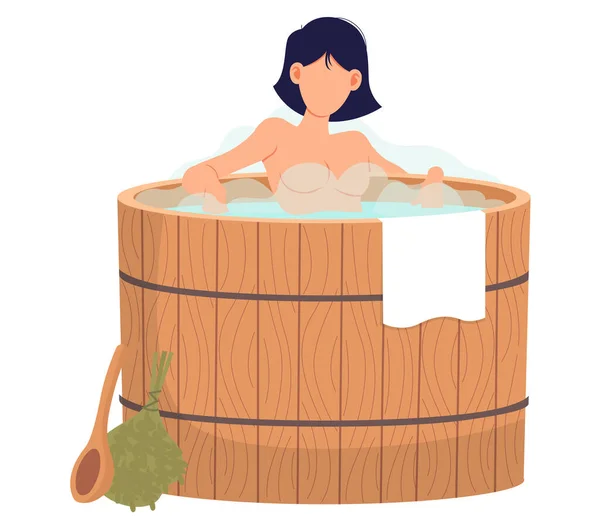年轻的女人坐在浴缸里。独立在家的澡堂或班亚。桶里的女孩在桑拿休息 — 图库矢量图片
