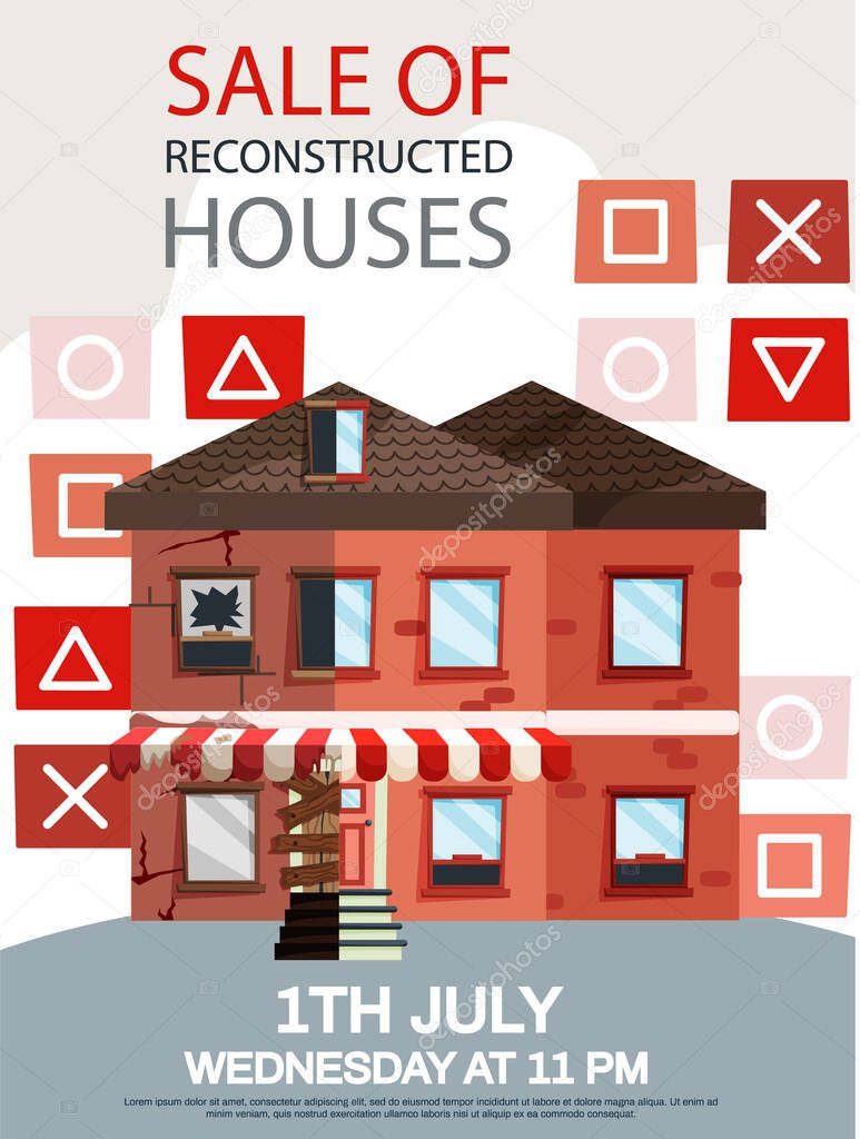 Creative mobile real estate sale web infographics concept. Sale of reconstructed houses banner