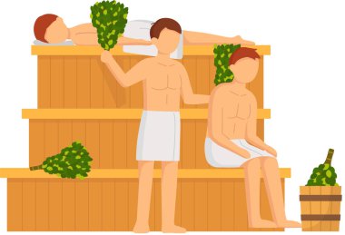 Sıcak buhar saunasındaki ahşap bankta dinlenen beyaz havlu giymiş bir adam. Spa merkezinde rahatlama ve sağIık