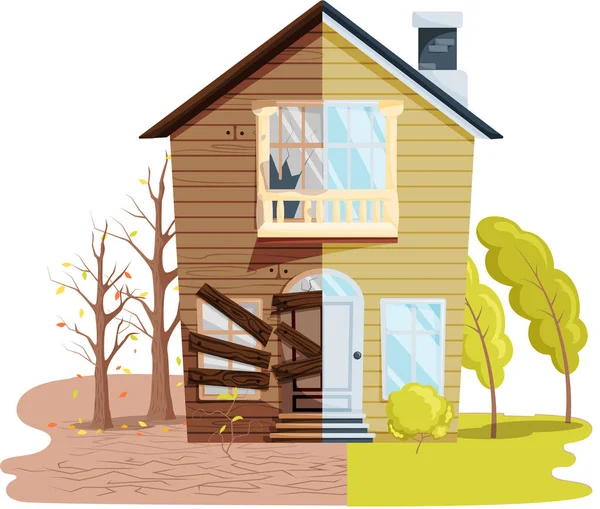 Home renovation, old house before and after repair. New and old suburban cottage. Remodel building — Stock Vector