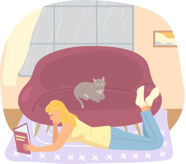 Kız evde oturup kitap okuyor, yere uzanıyor ve ders çalışıyor. Boş zaman, evde eğlence.