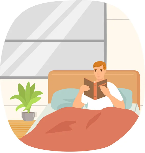 Roztomilý muž v pyžamu, čte literaturu. Kniha milenec koncept s mladým mužem ležící relaxovat na posteli — Stockový vektor