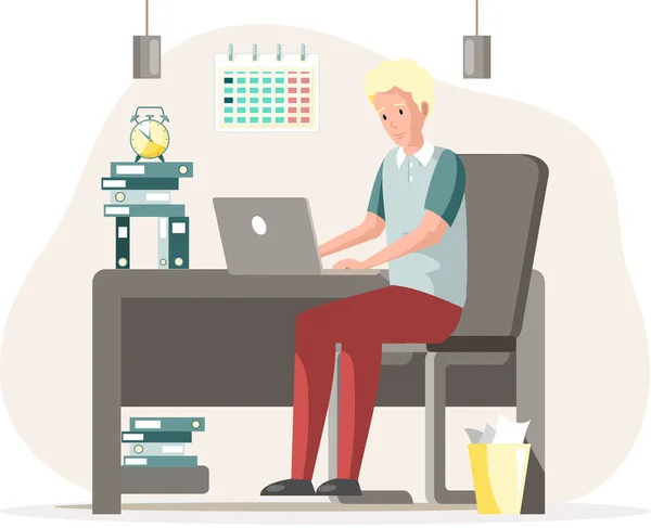Lavorare dipendente personaggio maschile in ufficio seduto a tavola con il computer, digitando sulla tastiera — Vettoriale Stock