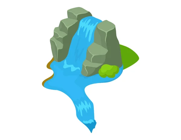 Niedriger tropischer Wasserfall und Felsen isoliert auf weiß. Fließender Fluss wirft Felsen in Bergsee — Stockvektor