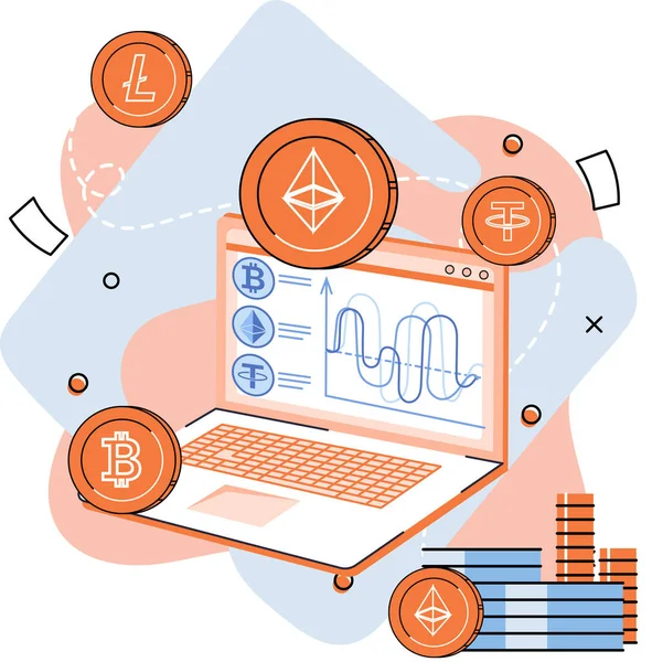 Sistema de pagamento digital, mercado para o comércio criptográfico. Criptomoeda troca e mineração —  Vetores de Stock