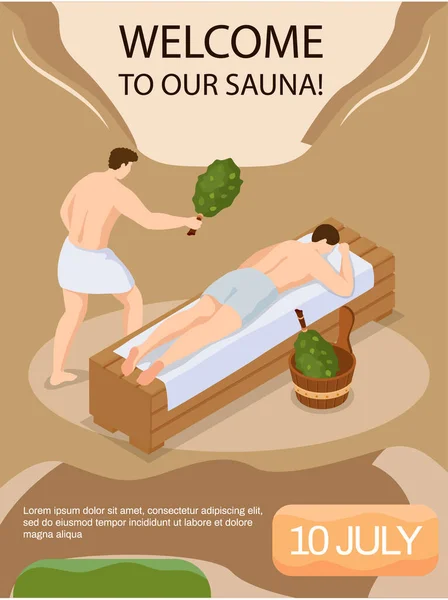 Bienvenido a nuestro cartel publicitario de sauna. Hombres con escoba de abedul yacen en banco de madera en banya rusa — Archivo Imágenes Vectoriales