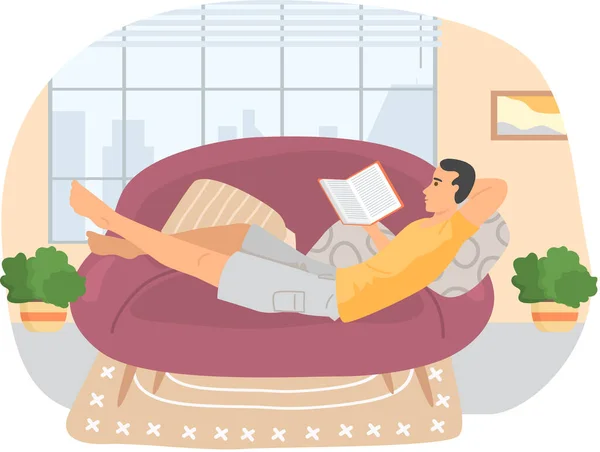 Teen chlapec ležící relaxovat na gauči a čtení zajímavé knihy, muž tráví víkend doma a relaxaci — Stockový vektor