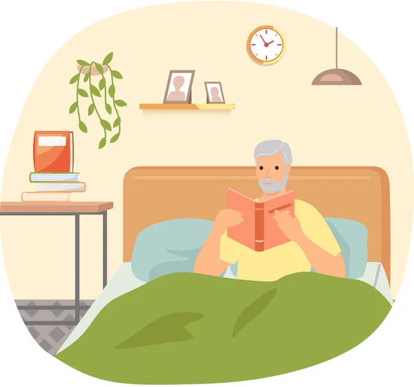 Roztomilý muž v pyžamu, čte literaturu. Kniha milenec koncept s mladým mužem ležící relaxovat na posteli — Stockový vektor