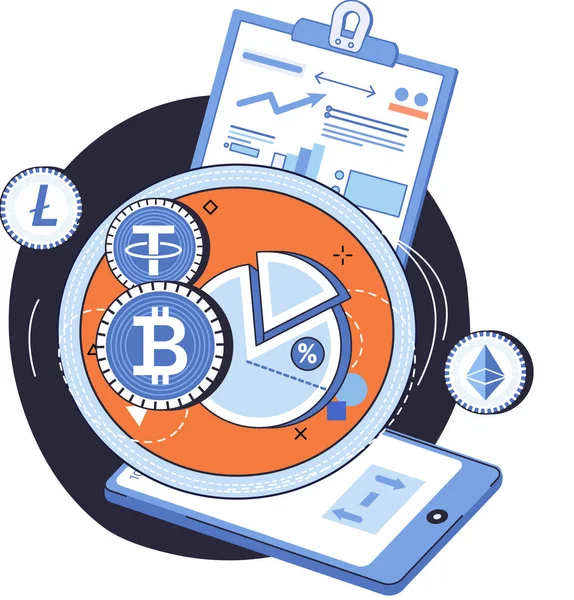 Criptomoneda minería y plataforma de cambio. Comercio en el mercado financiero, sistema de pago digital — Vector de stock