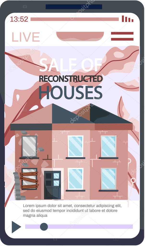 Creative mobile real estate sale web infographics concept. Sale of reconstructed houses banner