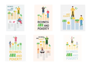 Zenginlik ve yoksulluk kavramı. Mutlu zengin adam refahla sevinir ve zavallı adamın paraya ihtiyacı vardır.