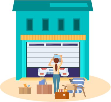 Kadın otomatikman garajın kapılarını resimle süslüyor. İçinde araba olan araç deposu.